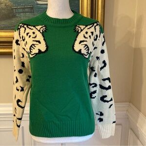BOUTIQUE Green Cream Leopard Cheetah Animal Print Sleeve Sweater